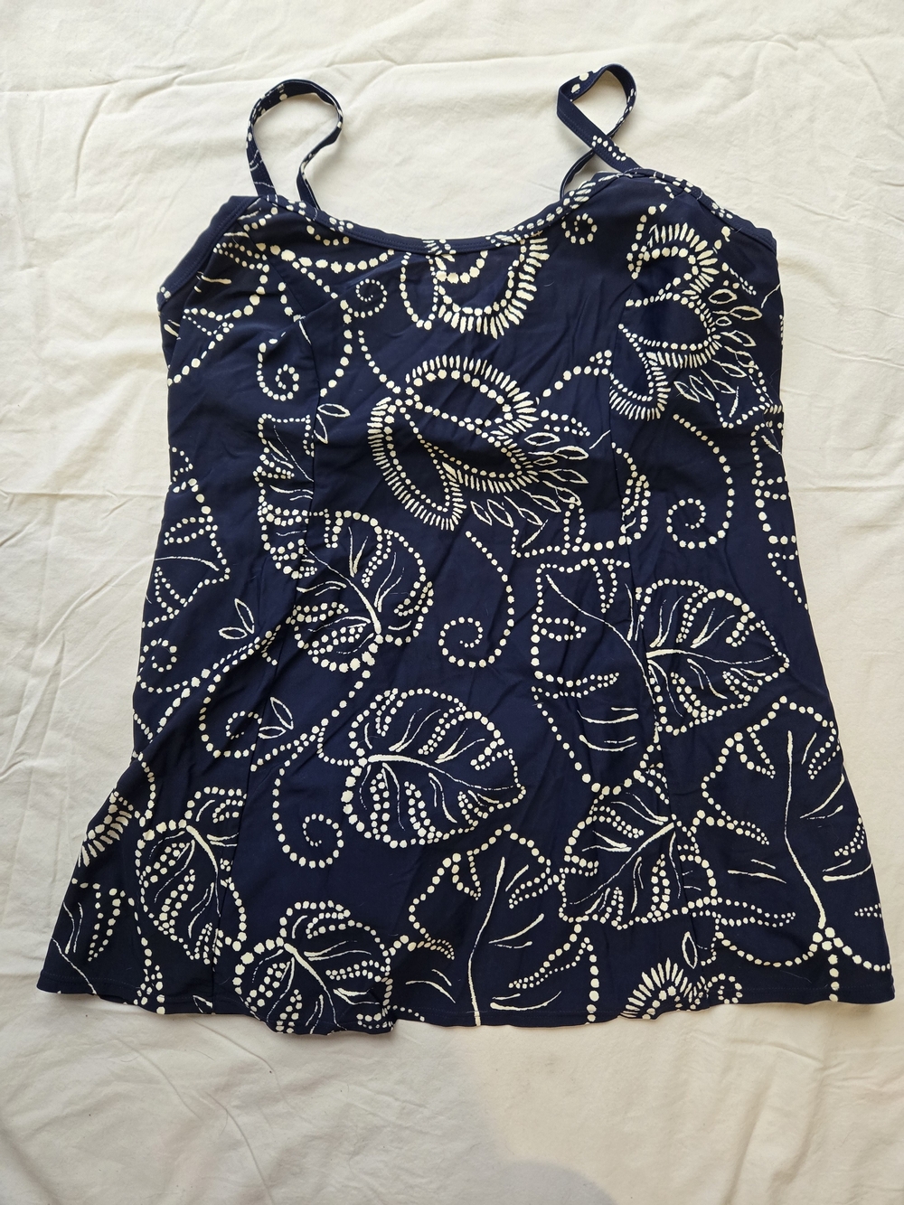 Navy Blue Printed One-Piece Swimdress with White Leaf Motif